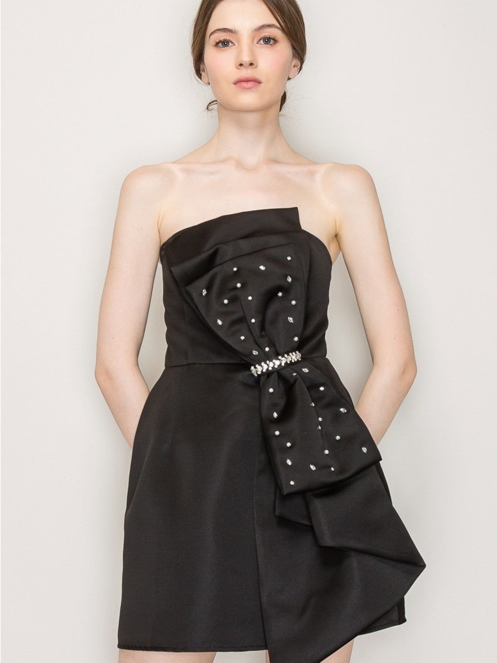 Strapless Black Cocktail Dress with Bow & Jewel Detail